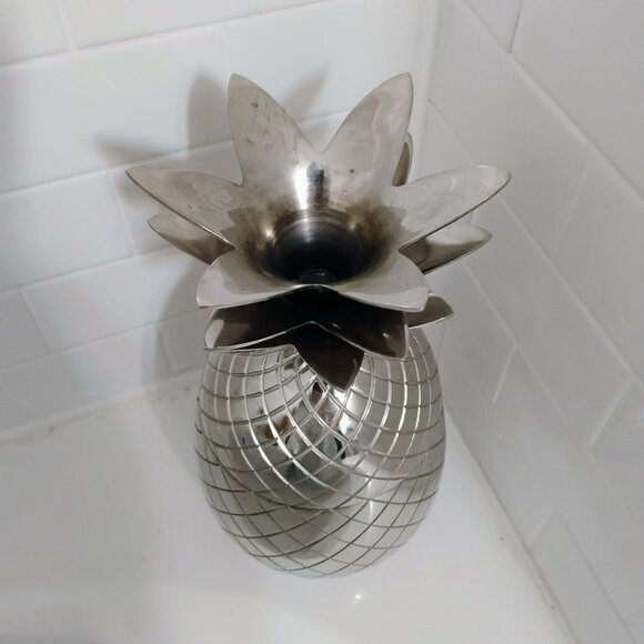 MCM Metal Chrome Silver Pineapple Ice Bucket Rimmed Canister 14" - Picture 6 of 7